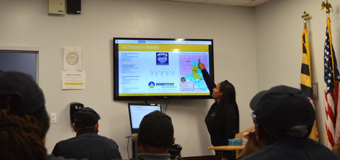 MOHS Outreach Manager gives a presentation to MTA Police Force to provide them with resources to better cater to the needs of our most vulnerable community members.